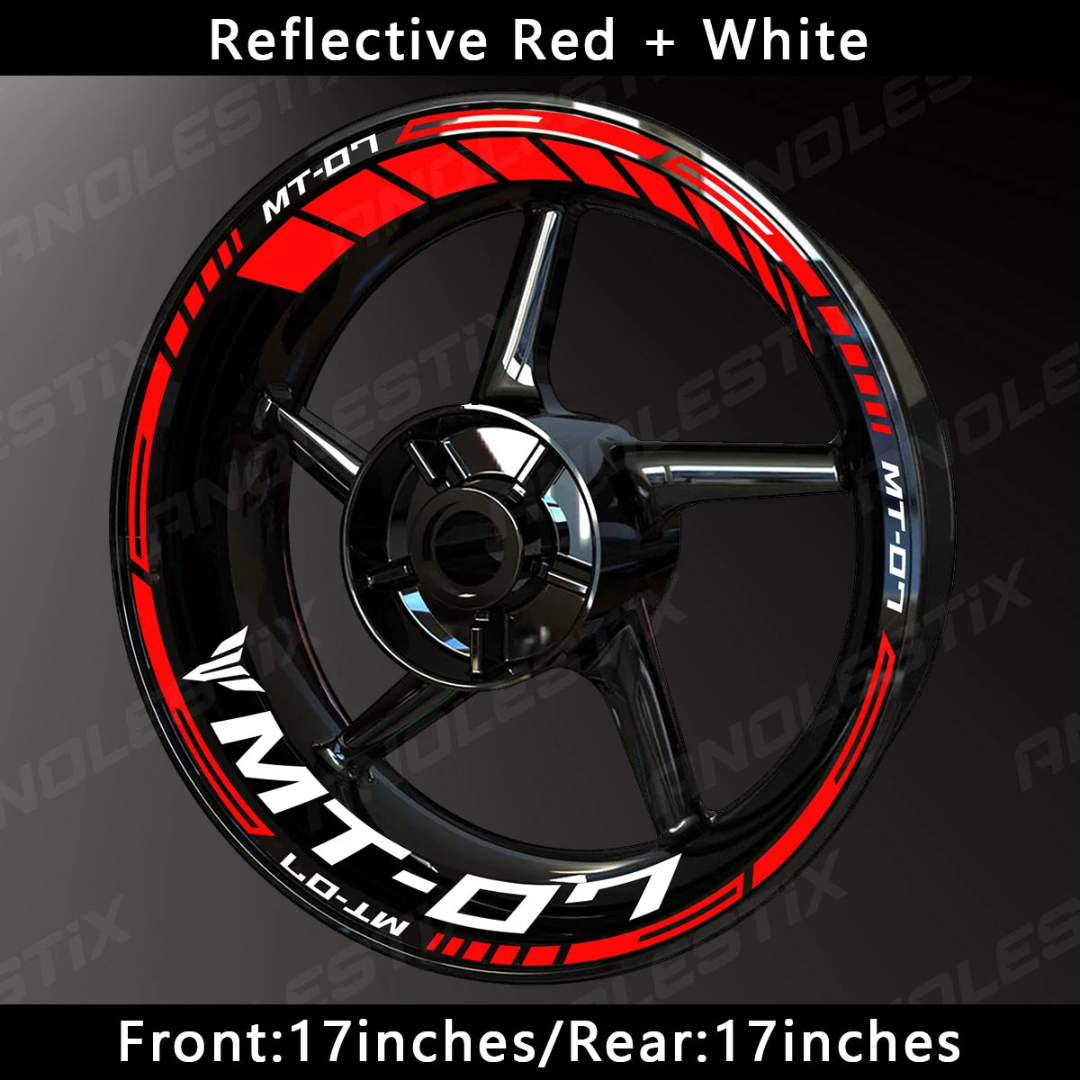 Reflective red and white decals for an MT-07 motorcycle wheel rim.