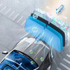 A blue car sunshade is shown protecting the windshield of a dark-colored vehicle from UV rays.