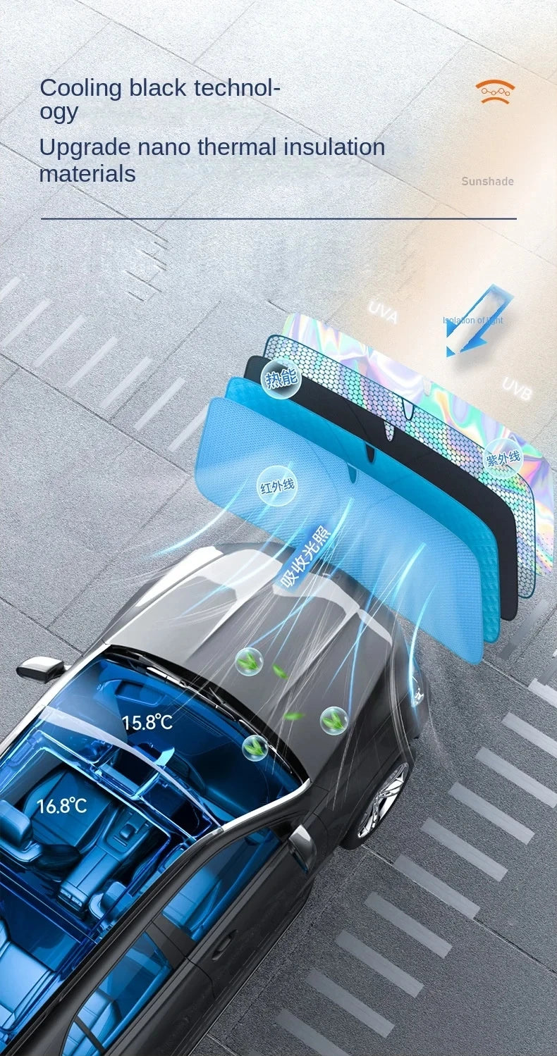 A blue car sunshade is shown protecting the windshield of a dark-colored vehicle from UV rays.