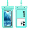A teal waterproof floating phone case with a detachable strap shown in a vertical orientation.