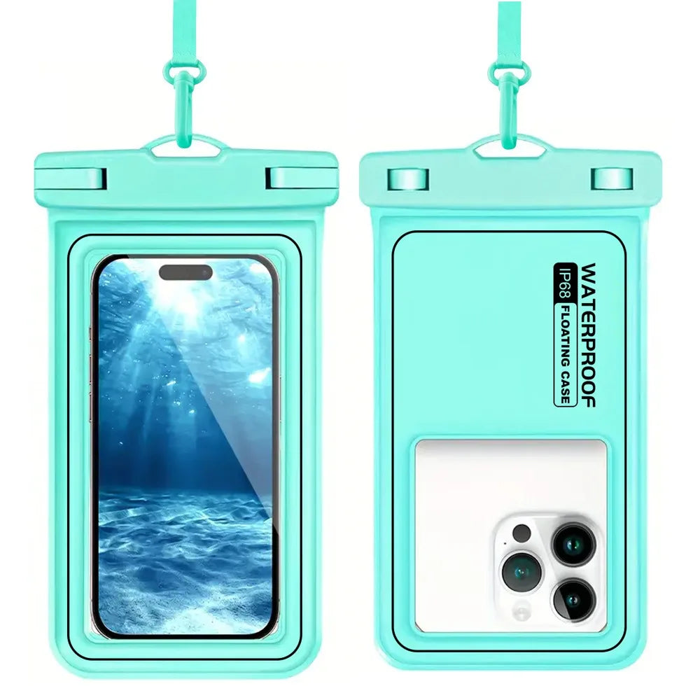 A teal waterproof floating phone case with a detachable strap shown in a vertical orientation.