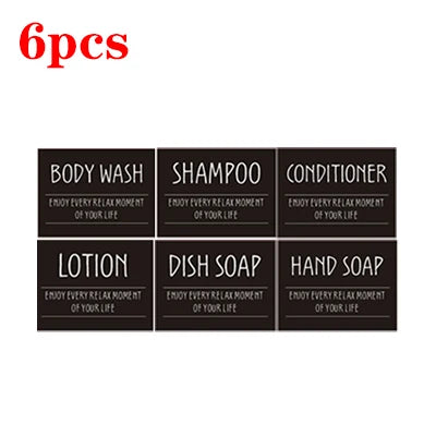 Six individual bottles of body wash, shampoo, conditioner, lotion, dish soap, and hand soap.