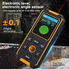 An orange and black electronic level and angle sensor device is shown measuring a 50.2 degree angle.