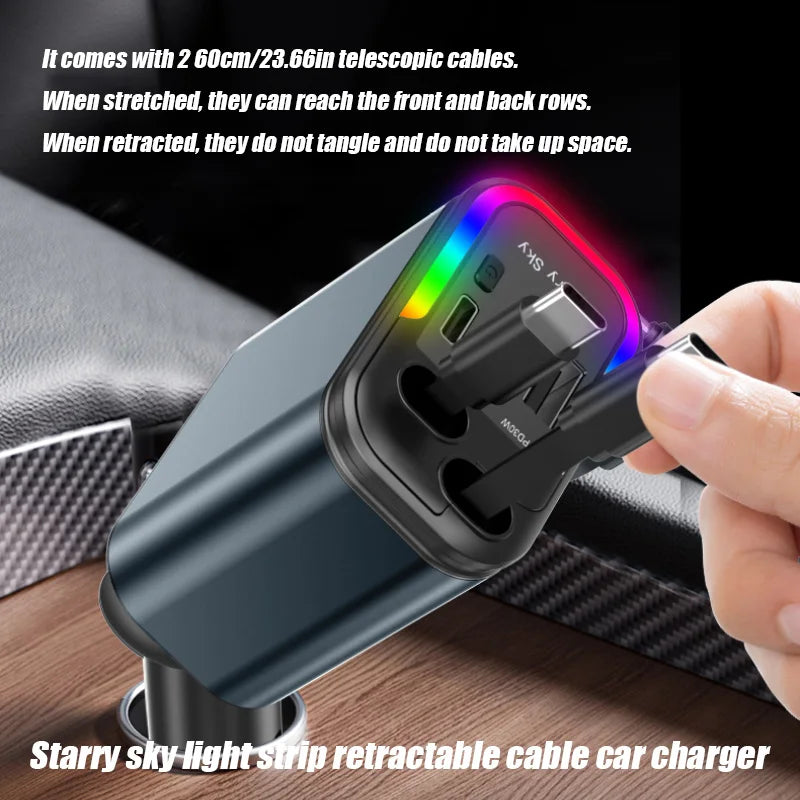 4-in-1 Retractable Car Charger with 180W Fast Charging