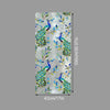 Vertical roll of floral stained glass window film featuring vibrant green and blue peacock designs on a silver background