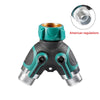 A garden hose Y-splitter with independent valve control in black and teal, showing an American regulation fitting.