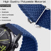 A close-up of a dark blue braided nylon watch band being shown alongside a smartwatch.