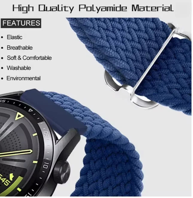 A close-up of a dark blue braided nylon watch band being shown alongside a smartwatch.
