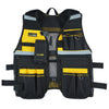 Black tool vest with yellow accents and multiple pockets featuring a phone holder.