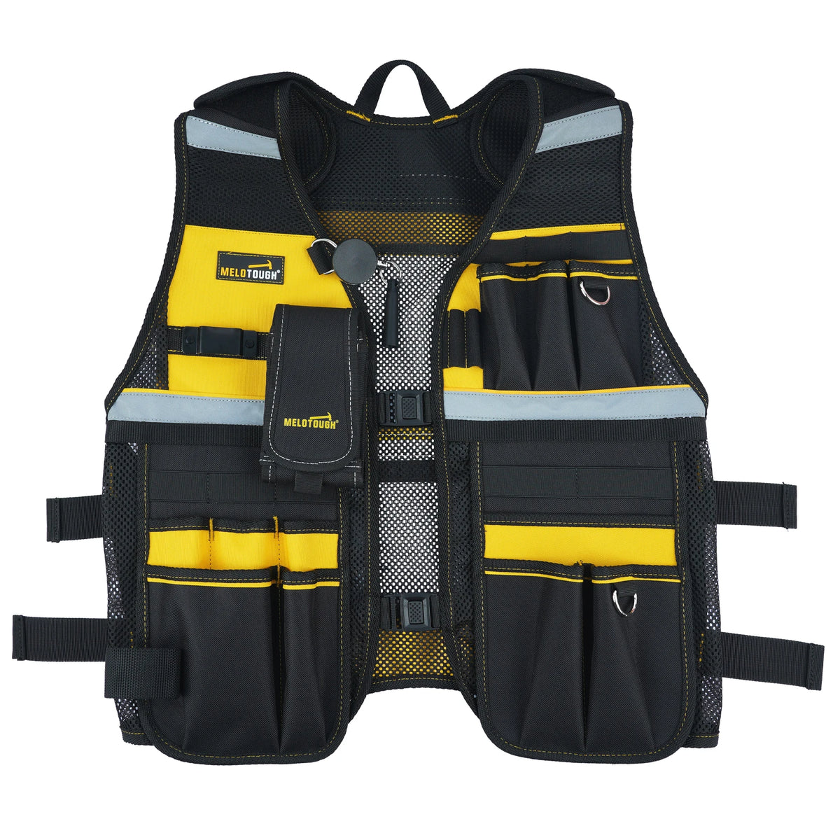 Black tool vest with yellow accents and multiple pockets featuring a phone holder.