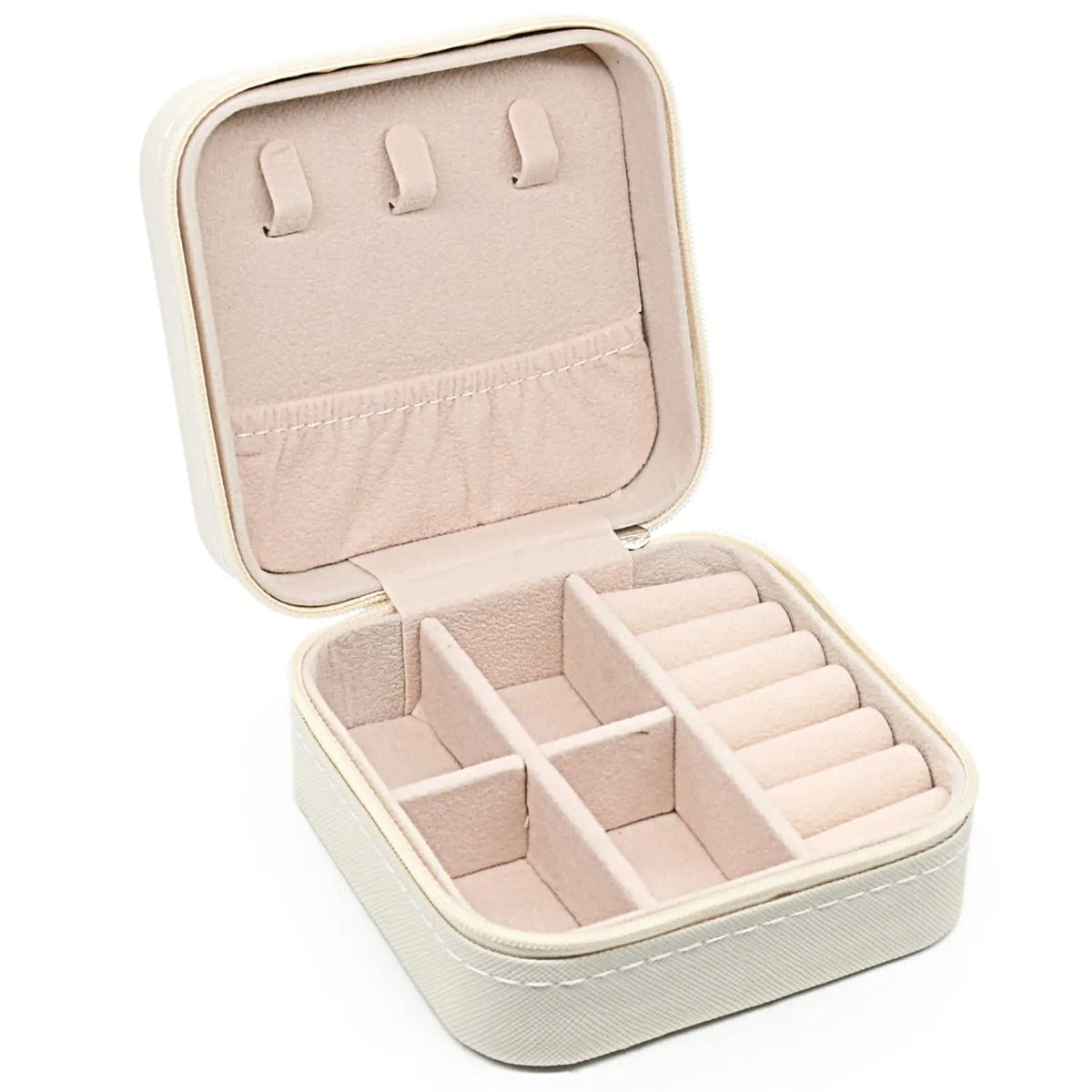 A light pink PU leather jewelry storage box with a hinged lid and divided compartments.