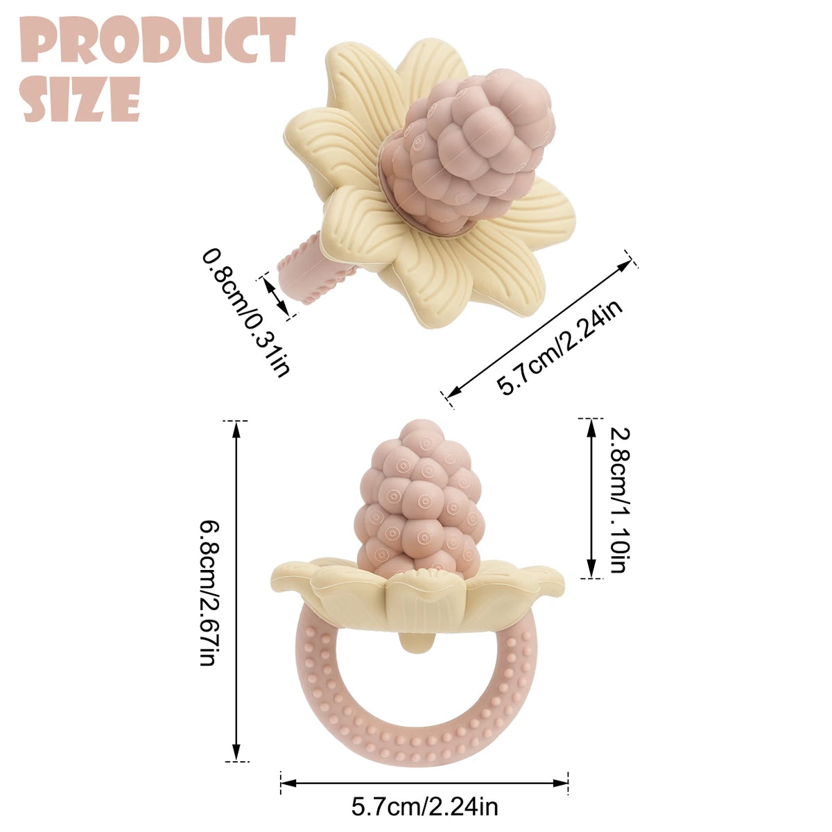 Silicone baby teether toys shaped like flowers and grapes in pink and cream colors.