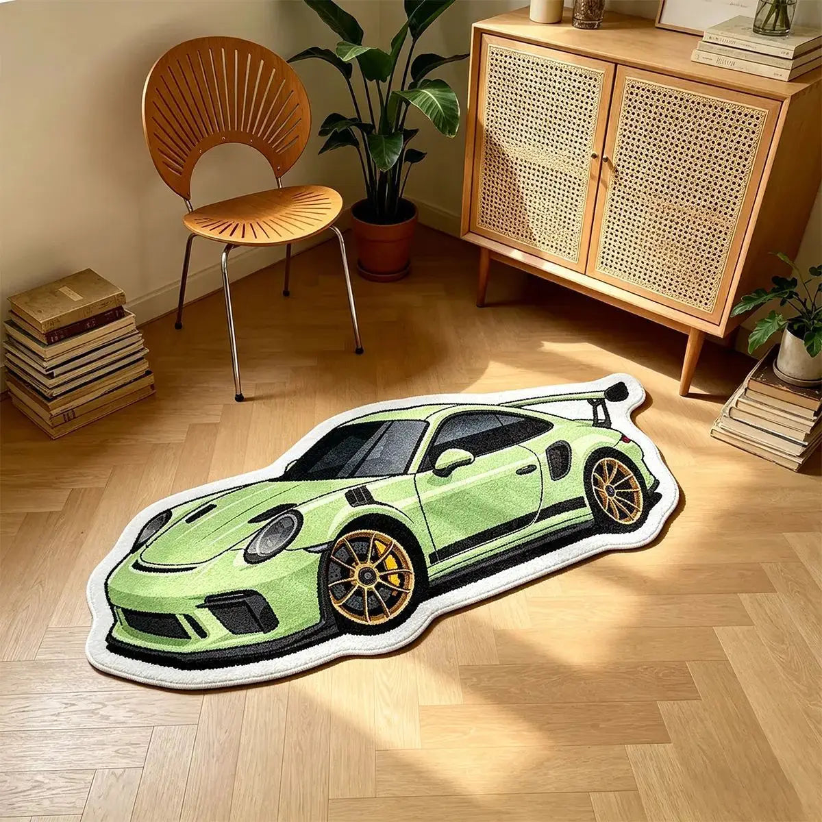 A green sports car shaped non-slip play rug for kids' bedrooms lying on a wooden floor.