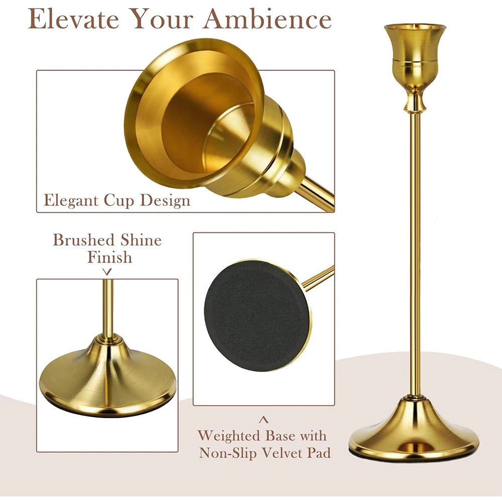Set of 6 Gold Brass Taper Candle Holders with Weighted Base