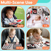 A set of high contrast baby flash cards used for multi-scene use in stroller, crib, car seat, and on a carpet.