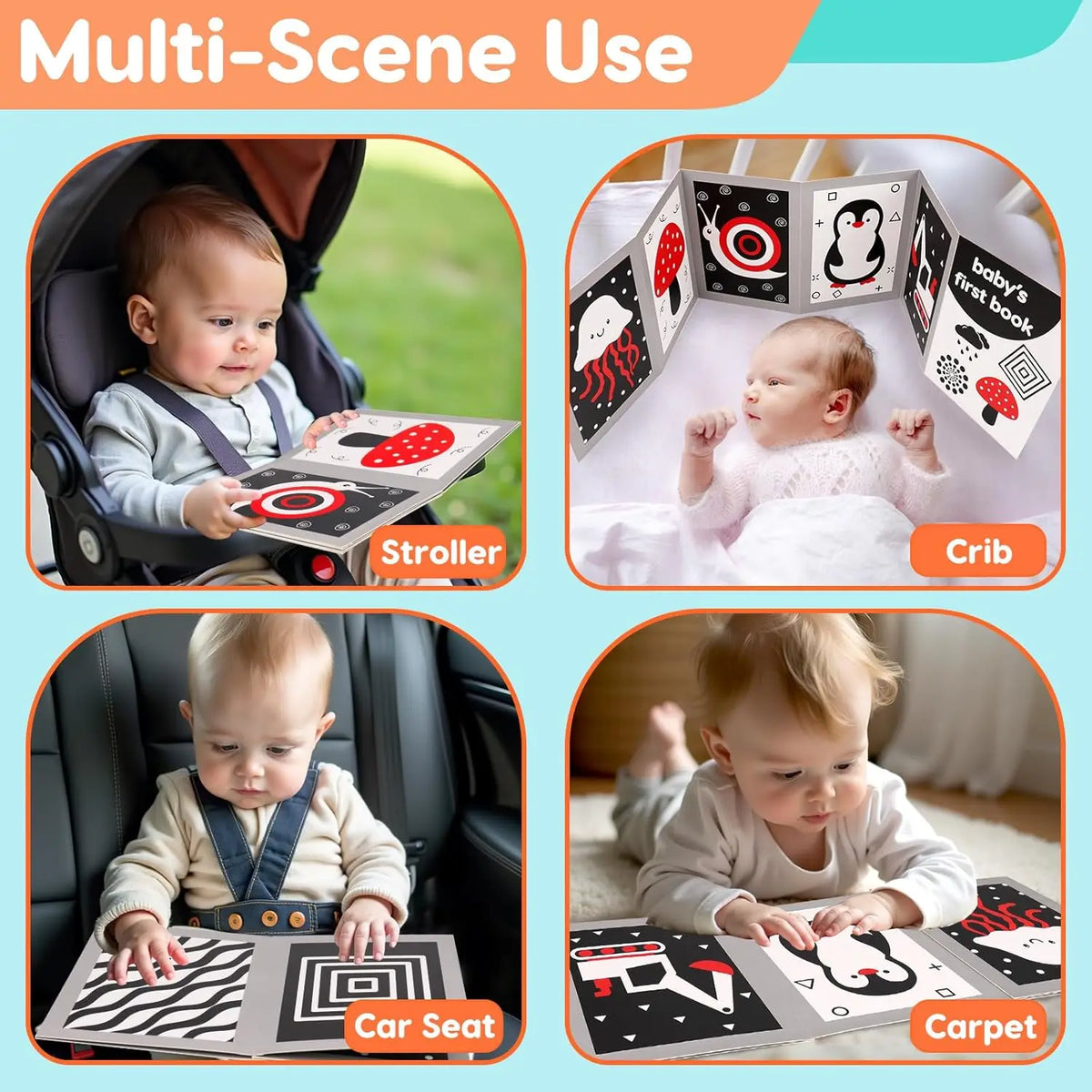 A set of high contrast baby flash cards used for multi-scene use in stroller, crib, car seat, and on a carpet.