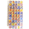 A vertical arrangement of 100 transparent acrylic D6 dice in various colors and patterns for tabletop gaming.