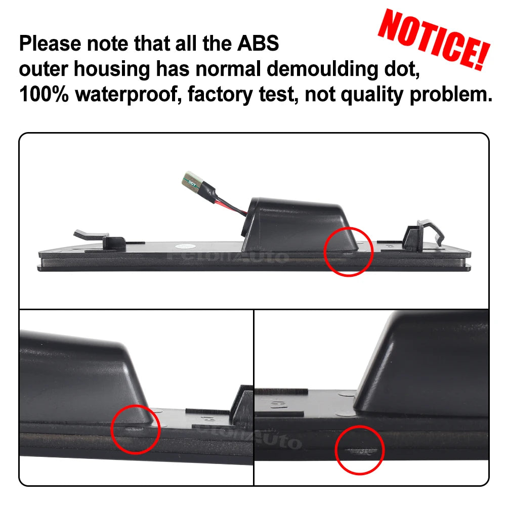 Close-up view of ABS outer housing for dynamic LED side marker lights, showing a demoulding dot and waterproof features.