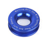 Blue recovery ring with warning text for use with synthetic rope and shackle