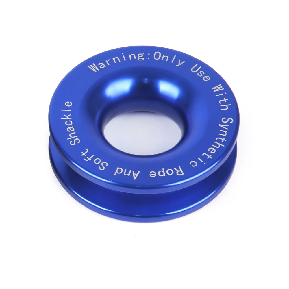 Blue recovery ring with warning text for use with synthetic rope and shackle