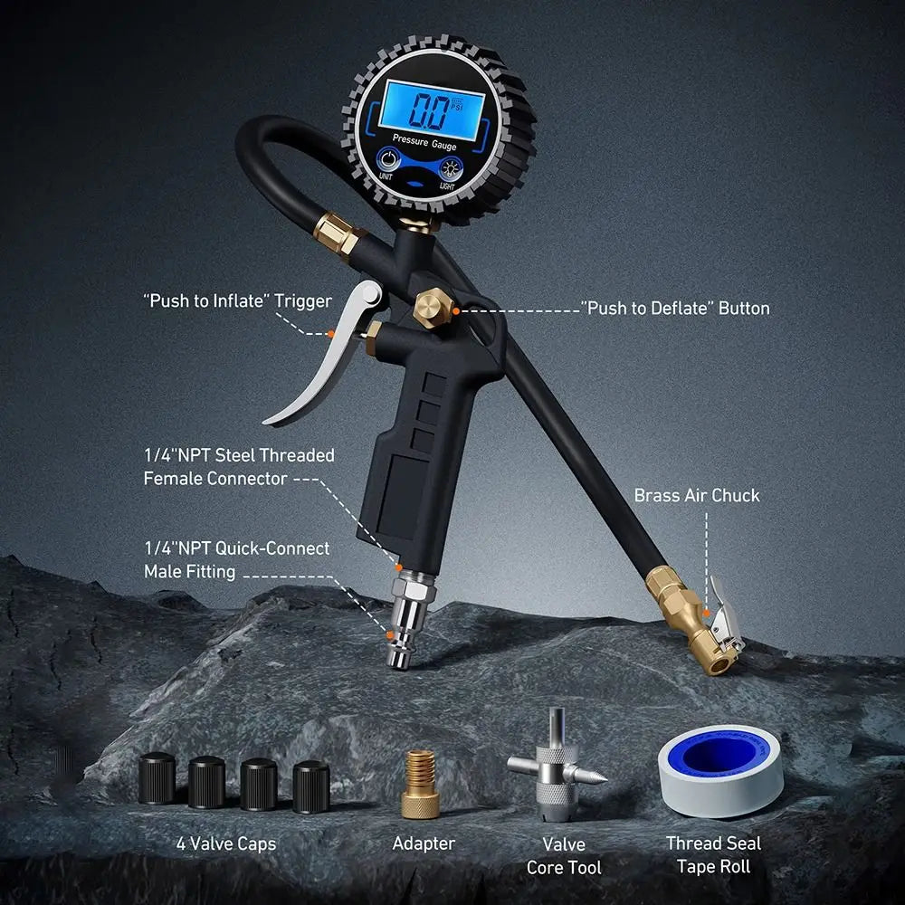 Digital Tire Pressure Gauge with Inflator and Locking Chuck