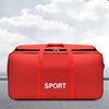 A bright red heavy-duty waterproof travel duffel bag with the word SPORT printed on the front.