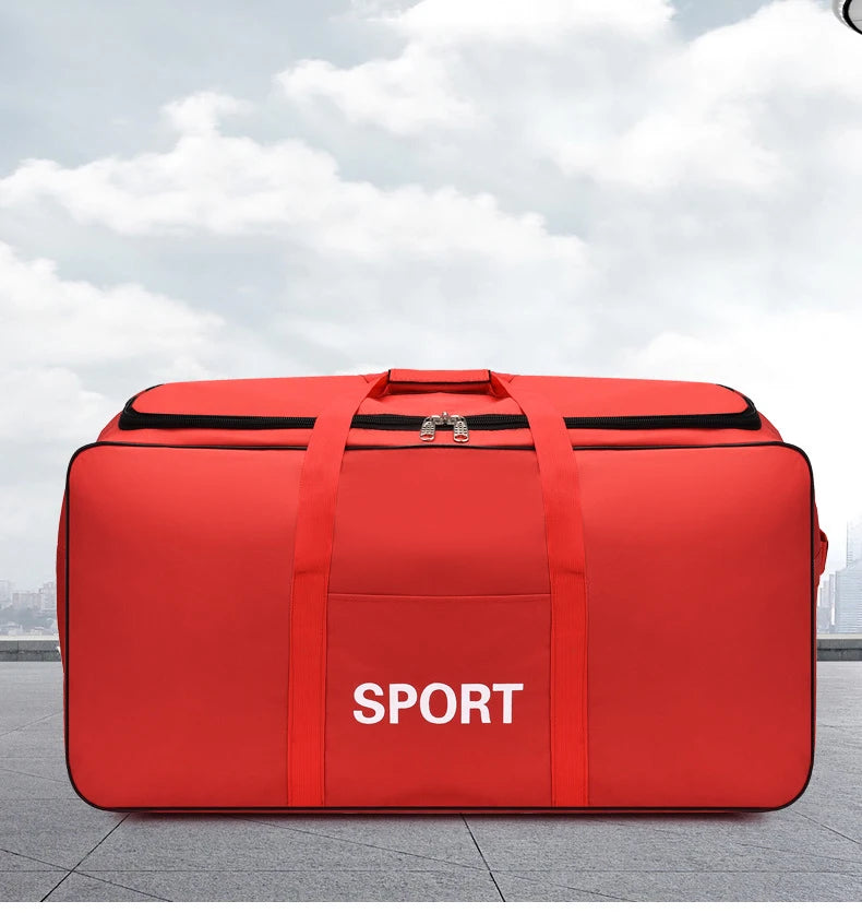 A bright red heavy-duty waterproof travel duffel bag with the word SPORT printed on the front.