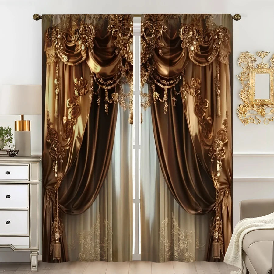 Luxury Baroque print curtain panels in brown and gold featuring ornate draping and tassels.