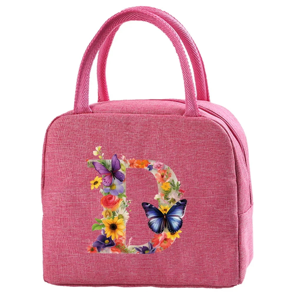 Insulated Canvas Lunch Bag with Butterfly Letter Pattern