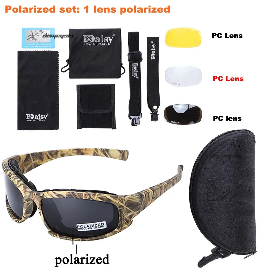 Un juego de gafas polarizadas con una lente polarizada y cuatro lentes intercambiables junto a una bolsa negra.