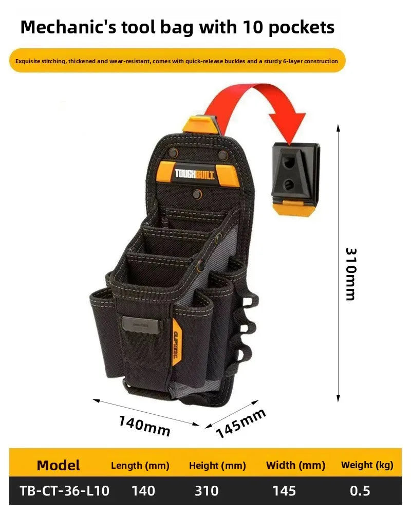 A black mechanic's tool bag with ten pockets shown from the side, featuring a sturdy six-layer construction.
