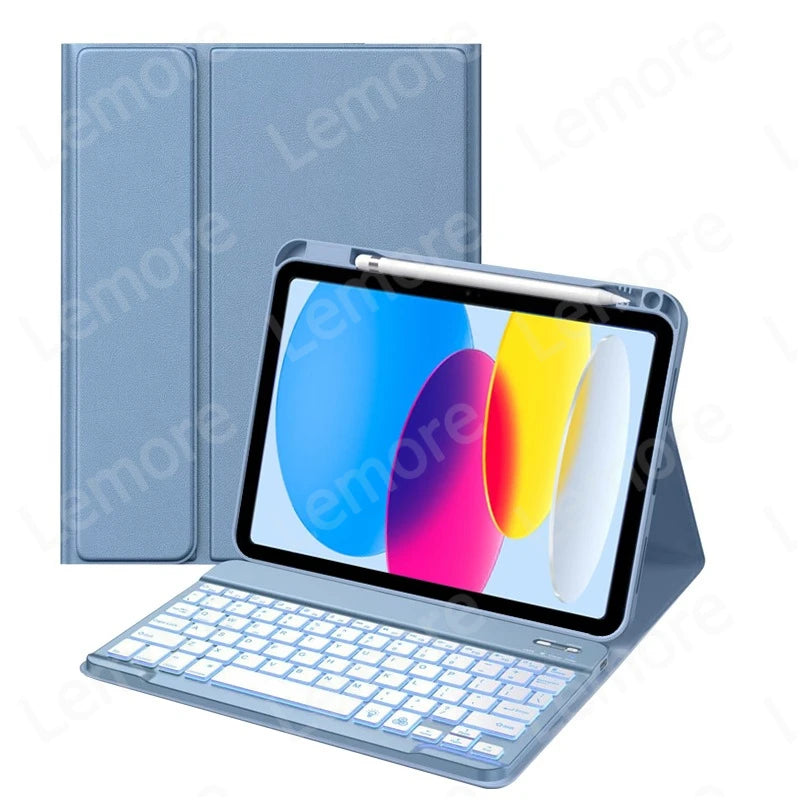 A silver iPad keyboard case with a blue screen showing a colorful gradient and a pencil holder.