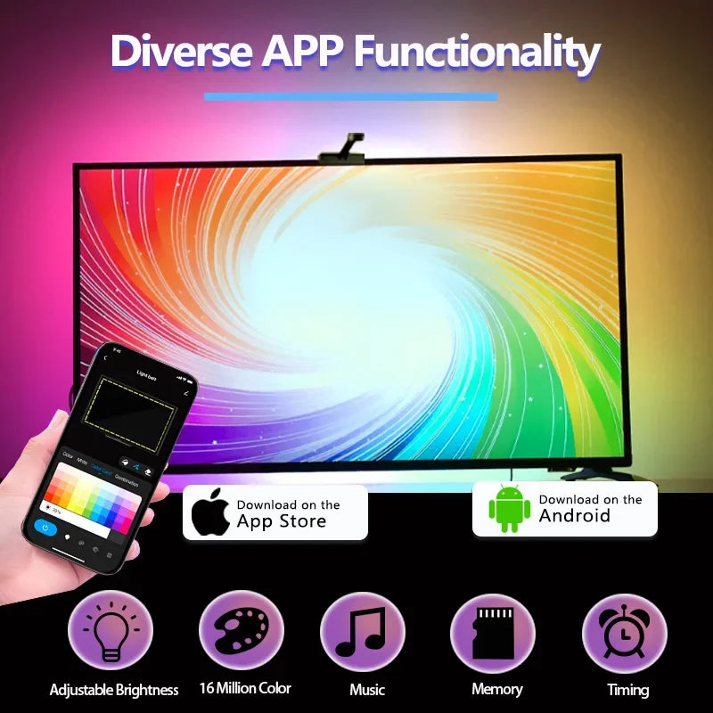 A display showing diverse app functionality features like adjustable brightness, color options, music, memory, and timing con