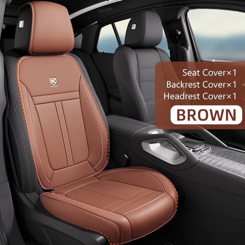 Brown Nappa leather car seat covers for a front seat, including seat, backrest, and headrest protectors.