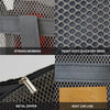 Close-up view of a mesh hanging toiletry bag featuring strong webbing, heavy duty quick dry mesh, and a metal zipper.