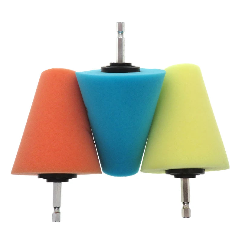 Two conical sponge polishing cones in orange and lime green for automotive detailing