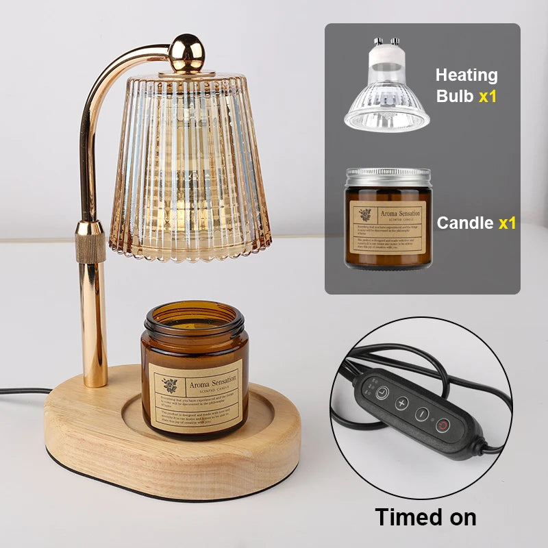 A brass candle warmer lamp with a glass shade and a wooden base, showing the heating bulb, candle, and timer function.