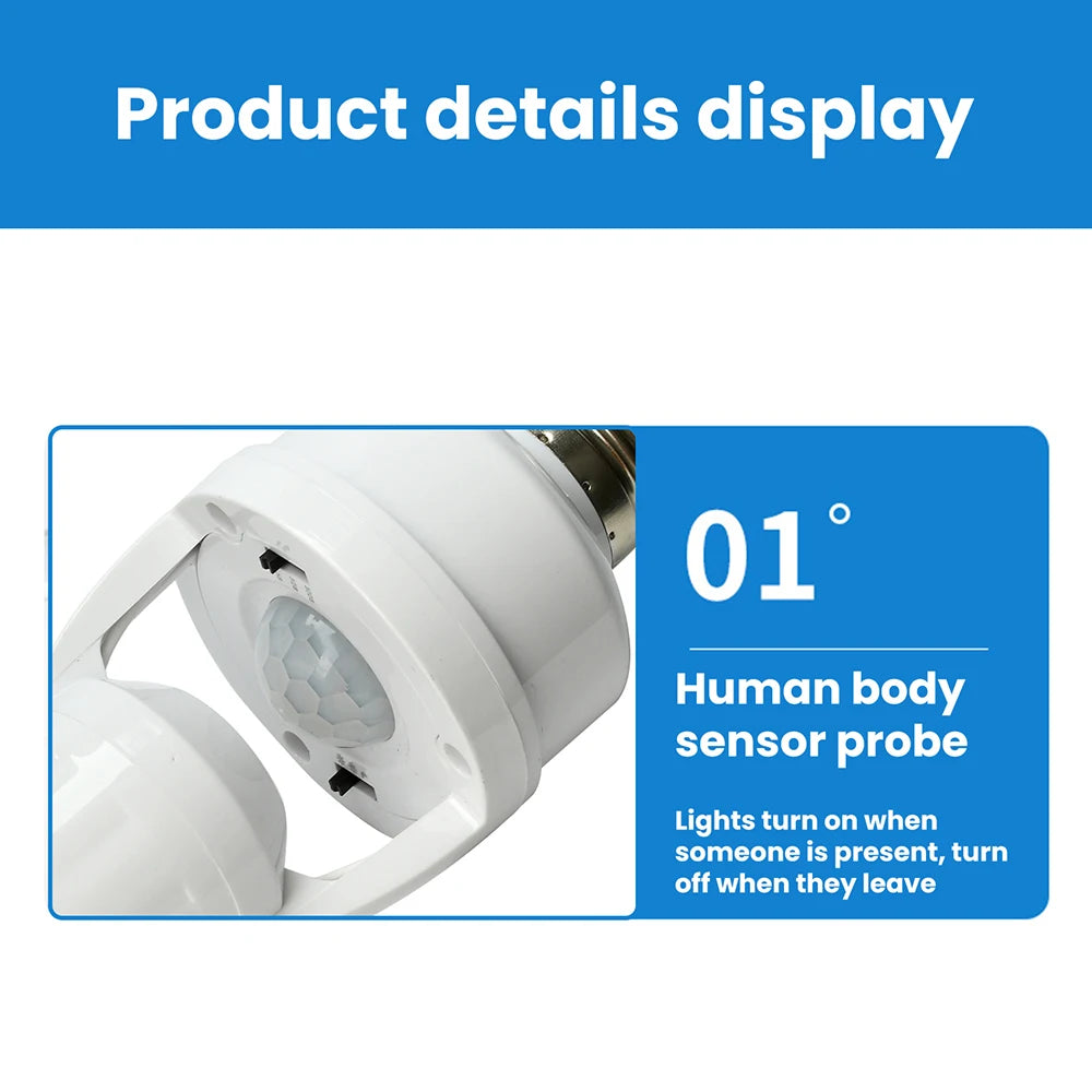 A white human body sensor probe is shown, illustrating a product detail display for a motion sensor lamp holder.
