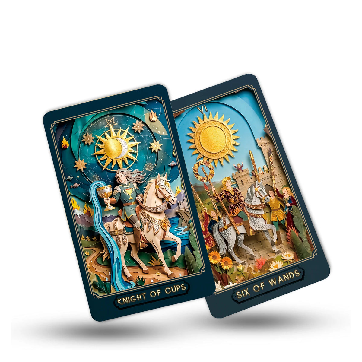 Two tarot cards from The Gilded Age Tarot Deck featuring gold sun motifs and historical figures.