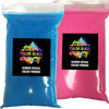 Two bags of Color Blaze gender reveal color powder, one blue and one pink.