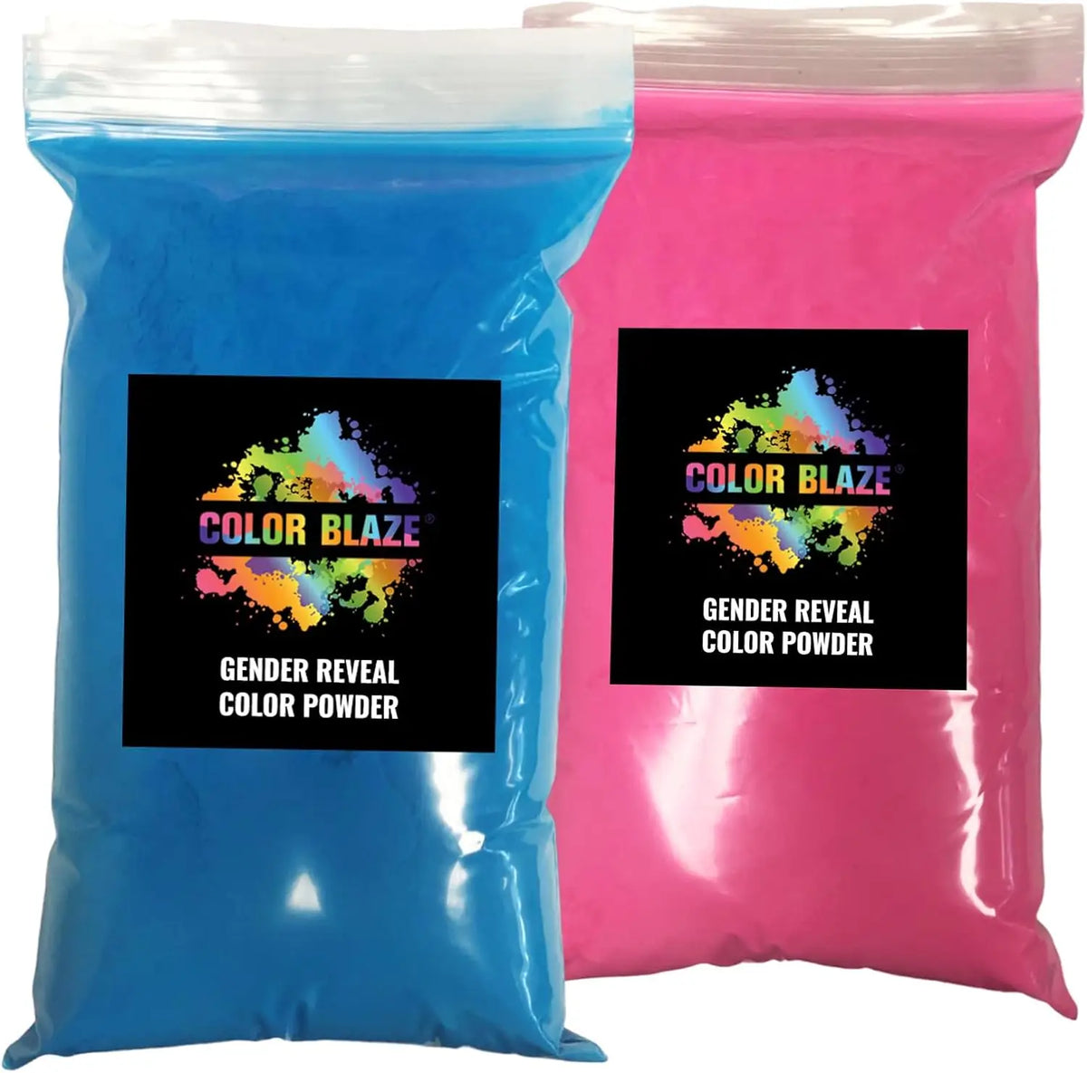 Two bags of Color Blaze gender reveal color powder, one blue and one pink.