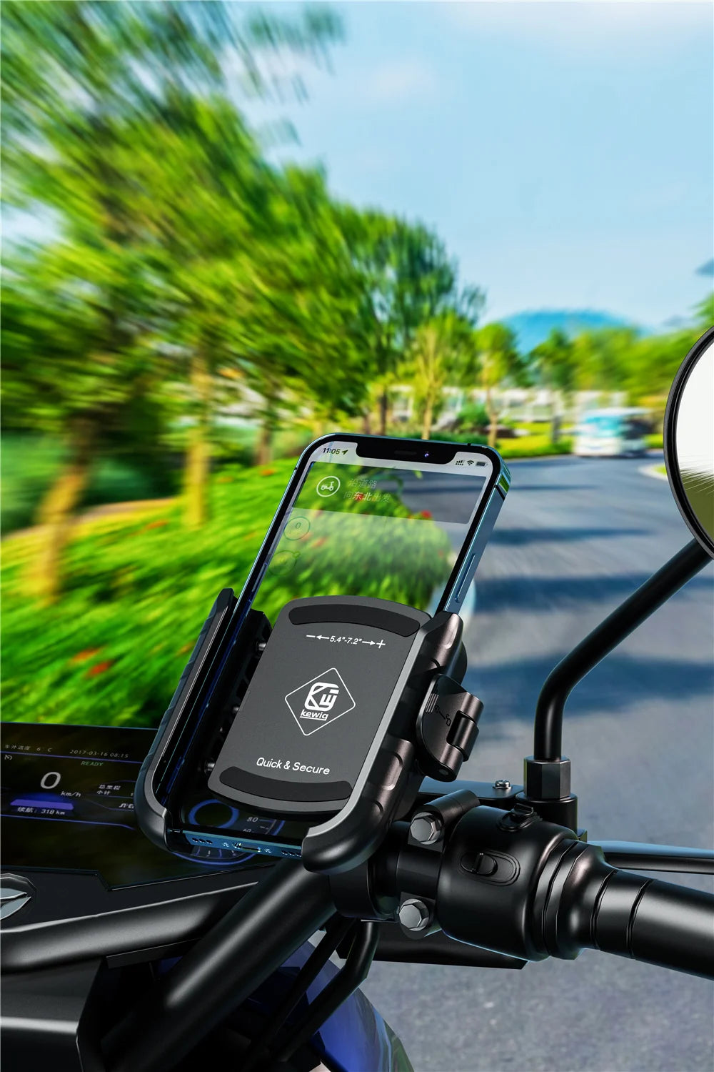 A black phone mount is attached to a motorcycle handlebar, displaying a smartphone with a navigation app.