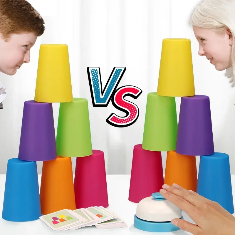 A collection of colorful plastic cups in various shades are displayed next to a hand holding cards for a Montessori stack cup
