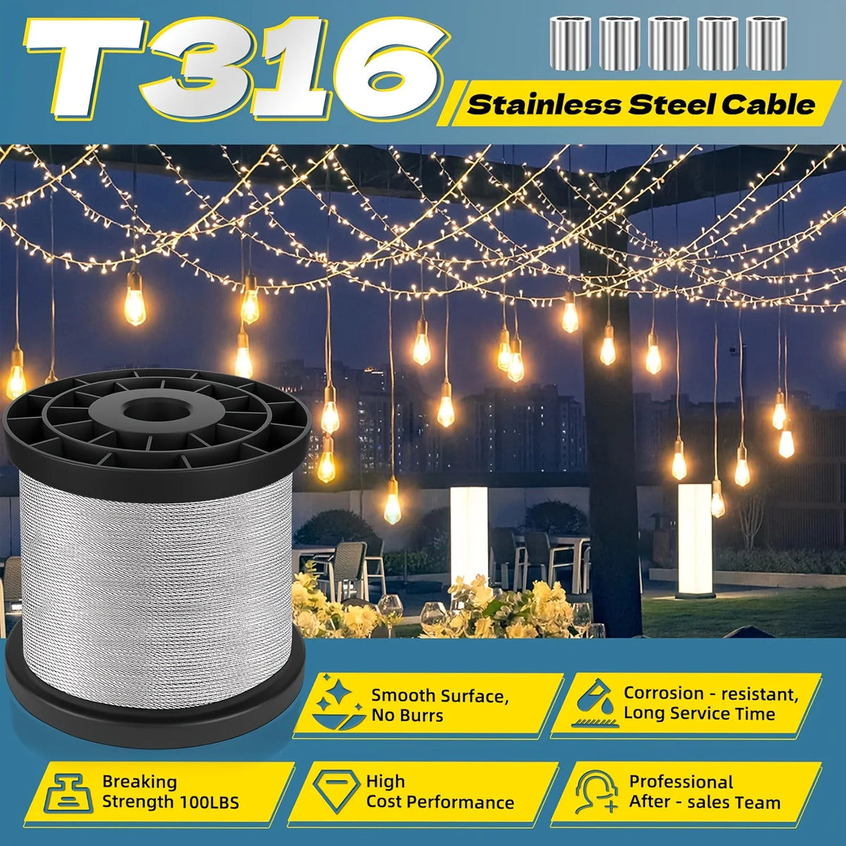 Spool of T316 stainless steel cable used for hanging decorative lights