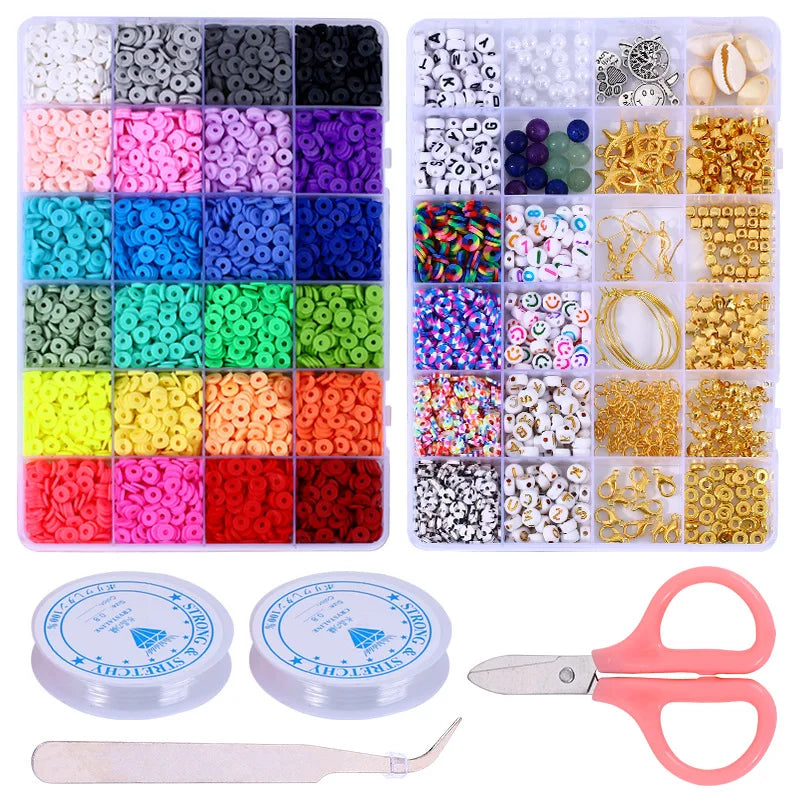 A kit of rainbow polymer clay beads and letters for DIY jewelry making including various colors and shapes.