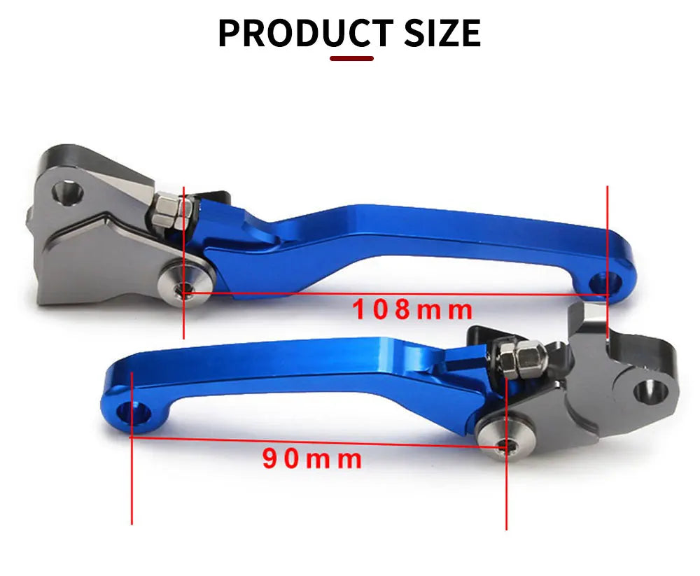 A blue and silver CNC aluminum brake and clutch lever set for a dirt bike.