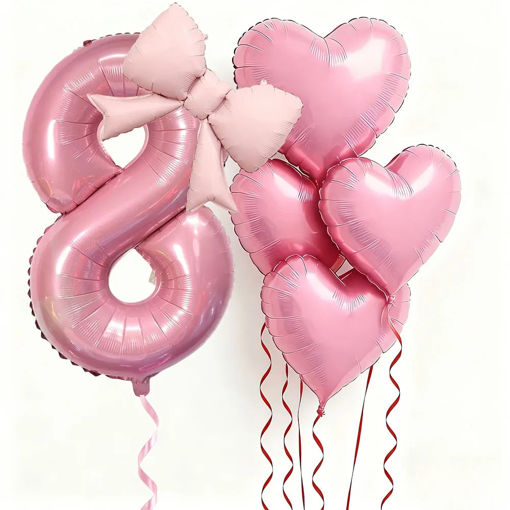 Pink Bow Heart and Number Foil Balloon Set for Celebrations