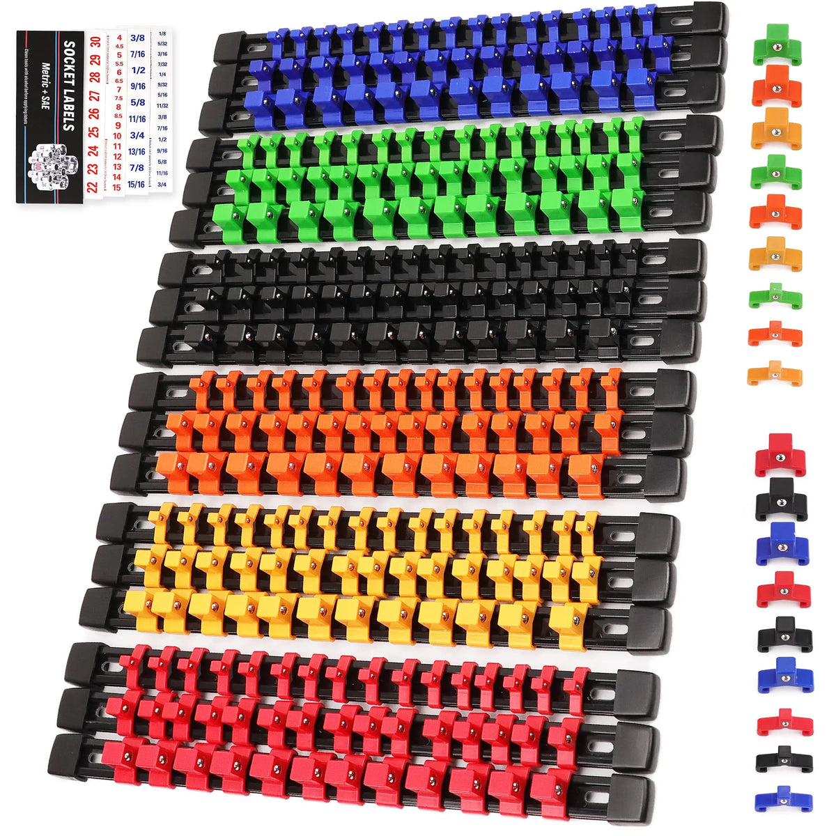 A set of three black socket organizer rails in various colors, including blue, green, orange, and red.