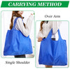 Demonstration of carrying methods for a blue reusable grocery bag, including Over Arm and Single Shoulder.