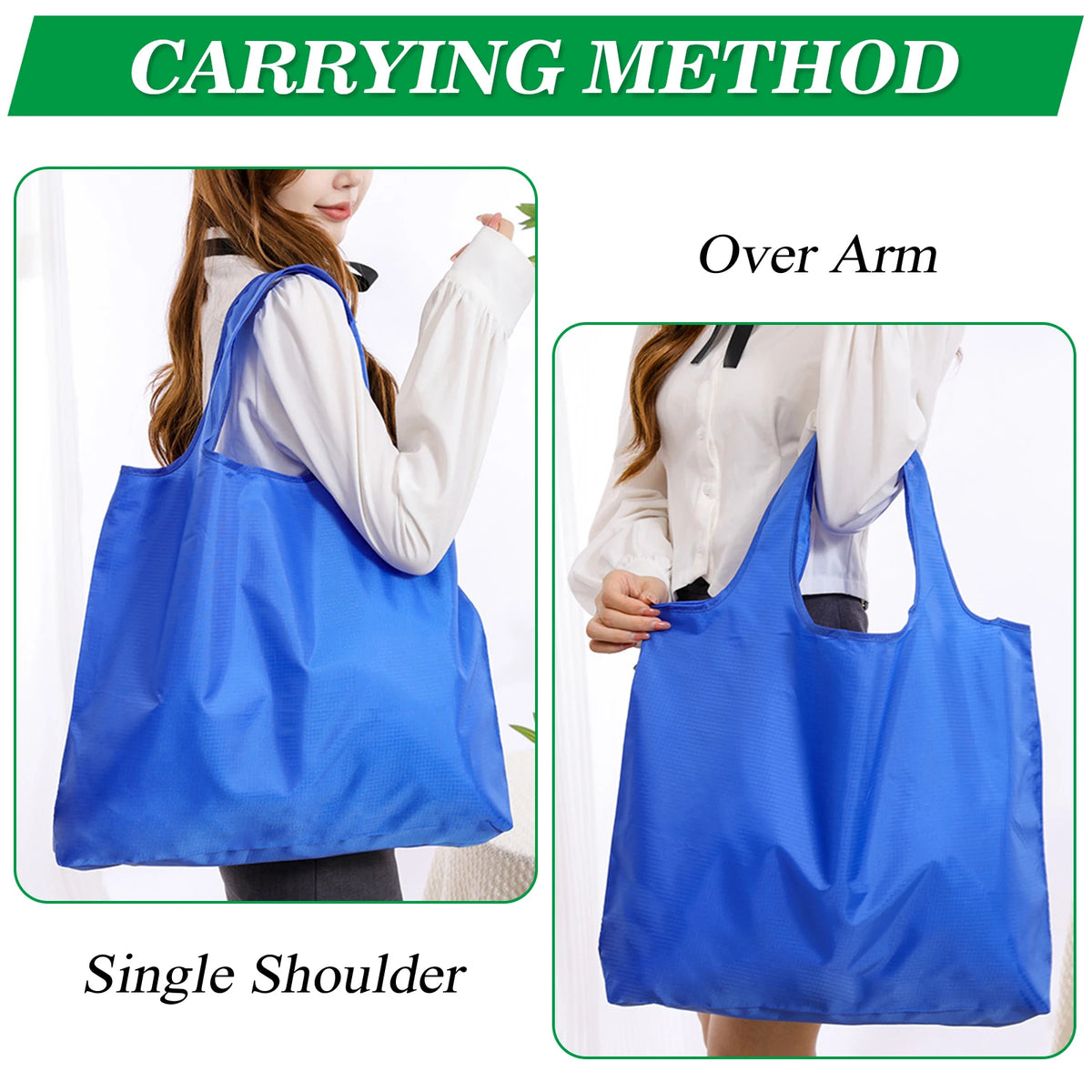 Demonstration of carrying methods for a blue reusable grocery bag, including Over Arm and Single Shoulder.